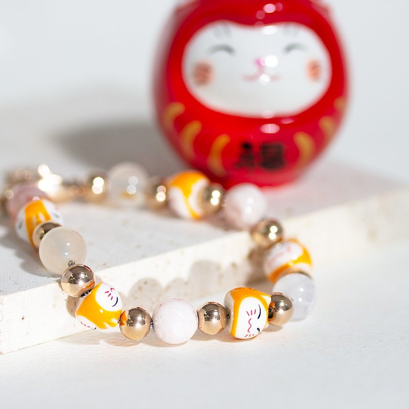 [Lucky Cat] Lucky Sakura Agate Stainless Steel Bracelet - สร้อยข้อมือ - คริสตัล สีทอง