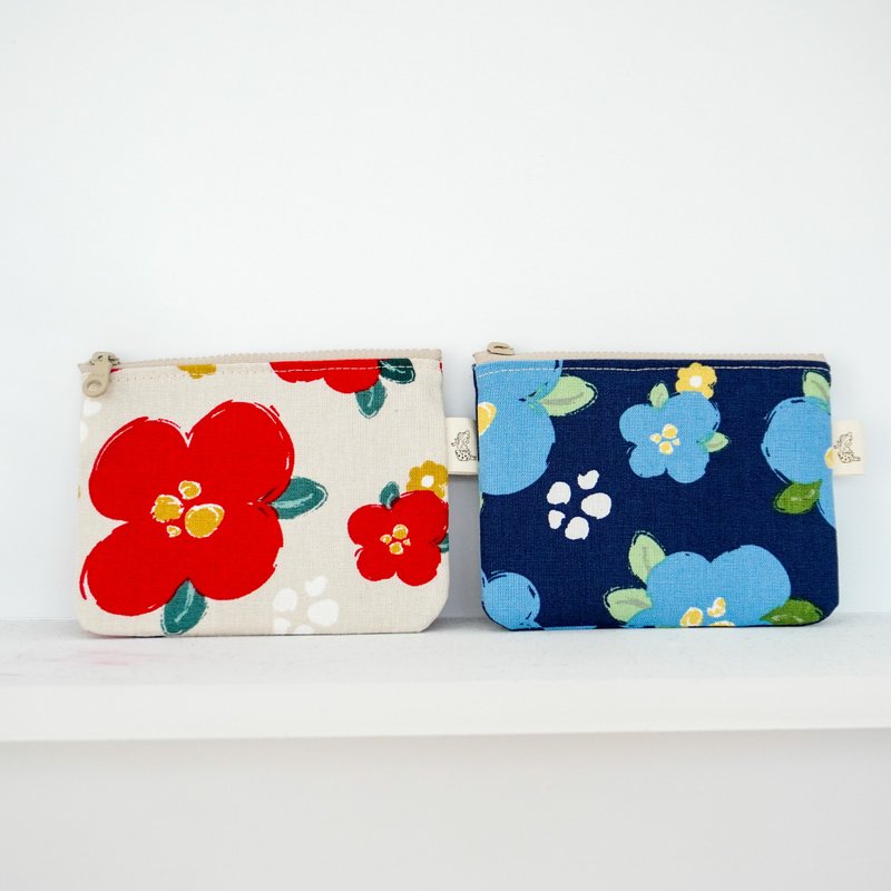 Spring flower zipper coin purse - กระเป๋าใส่เหรียญ - ผ้าฝ้าย/ผ้าลินิน สีแดง