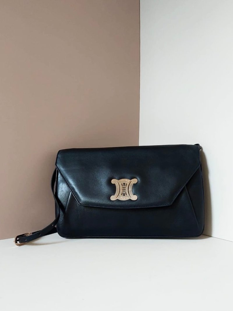 Rare second-hand Celine Grand Arc de Triomphe gold buckle envelope black leather small bag shoulder side sling handbag - Messenger Bags & Sling Bags - Genuine Leather Black