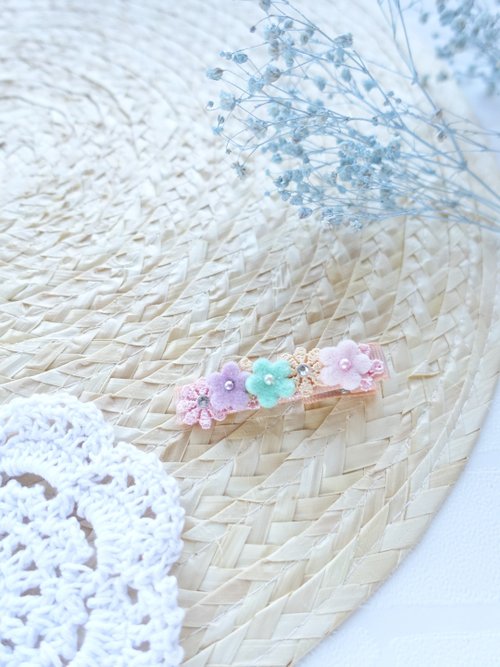Little Hazel 兒童髮飾 - 花花蕾絲瀏海髮夾 (粉橘色)