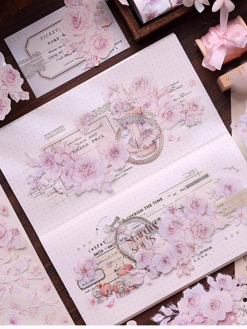 Tipsy light retro pink rose and paper tape PET notebook collage card - มาสกิ้งเทป - วัสดุอื่นๆ หลากหลายสี