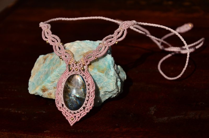 天然水晶-拉長石-手制花邊編織項鍊 - 項鍊 - 寶石 粉紅色