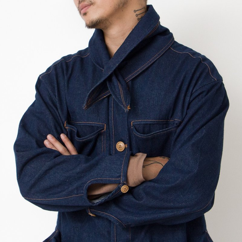 Japanese retro workwear jacket American denim detachable scarf jacket - Men's Coats & Jackets - Cotton & Hemp 