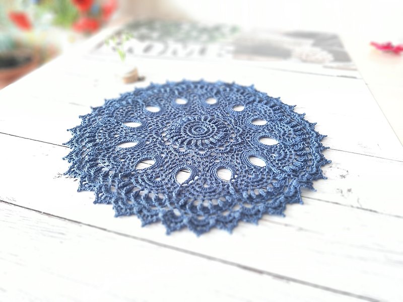 Textured black blue doily Lace table centerpiece doily Cotton crochet doily - Other - Cotton & Hemp Blue