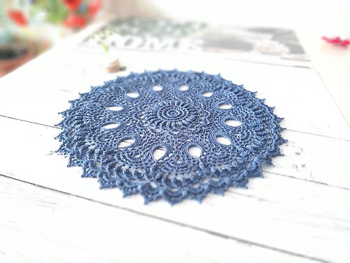 Konkovochka Textured black blue doily Lace table centerpiece doily Cotton crochet doily