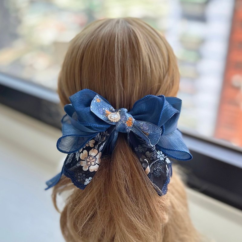 Exclusive lace organza bow intersecting clip banana clip fairy clip hair clip - indigo - Hair Accessories - Other Materials Blue