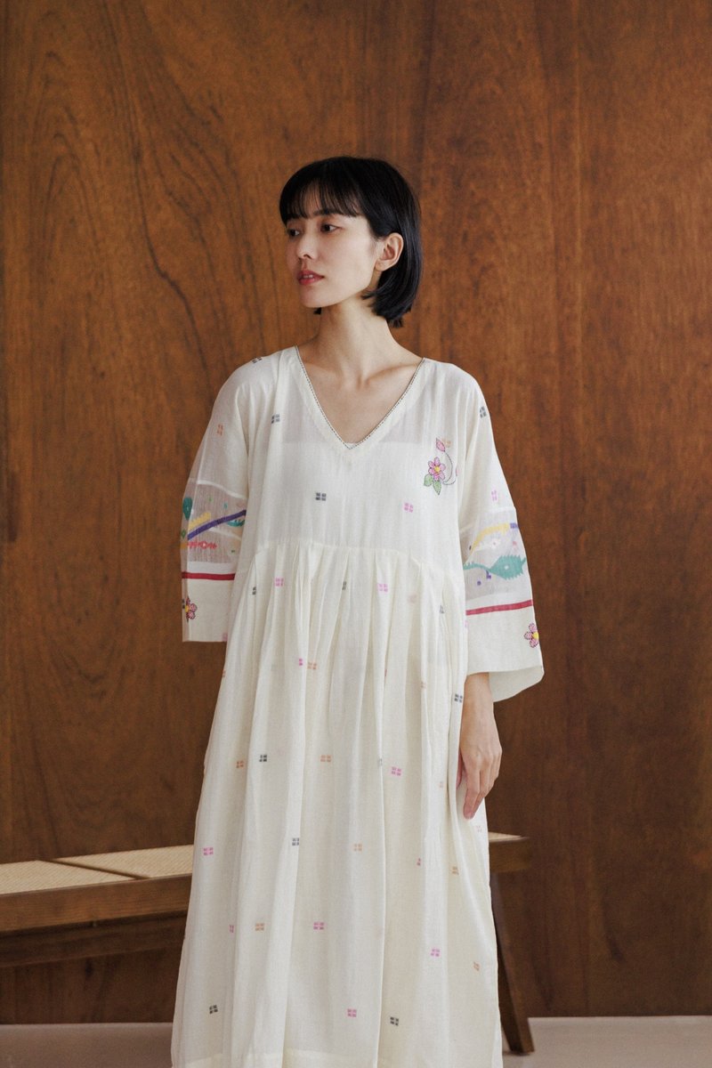 Jamdani square pattern raw cotton embroidery long dress - One Piece Dresses - Cotton & Hemp White