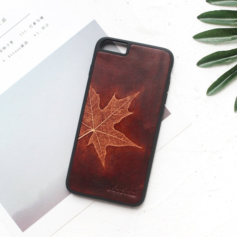 Dark brown maple leaf iphone11 pro 7 8 plus x xs max xr leather phone case protective case - เคส/ซองมือถือ - หนังแท้ สีนำ้ตาล