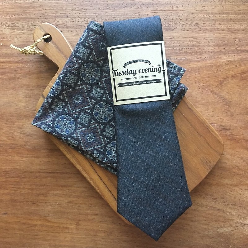 Black Stripe Tie Set - 領帶/領帶夾 - 棉．麻 黑色
