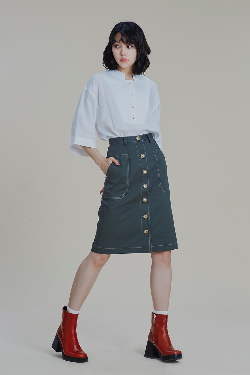 Shan Yong Army Green Front Button A-line Skirt - Women's Pants - Cotton & Hemp 