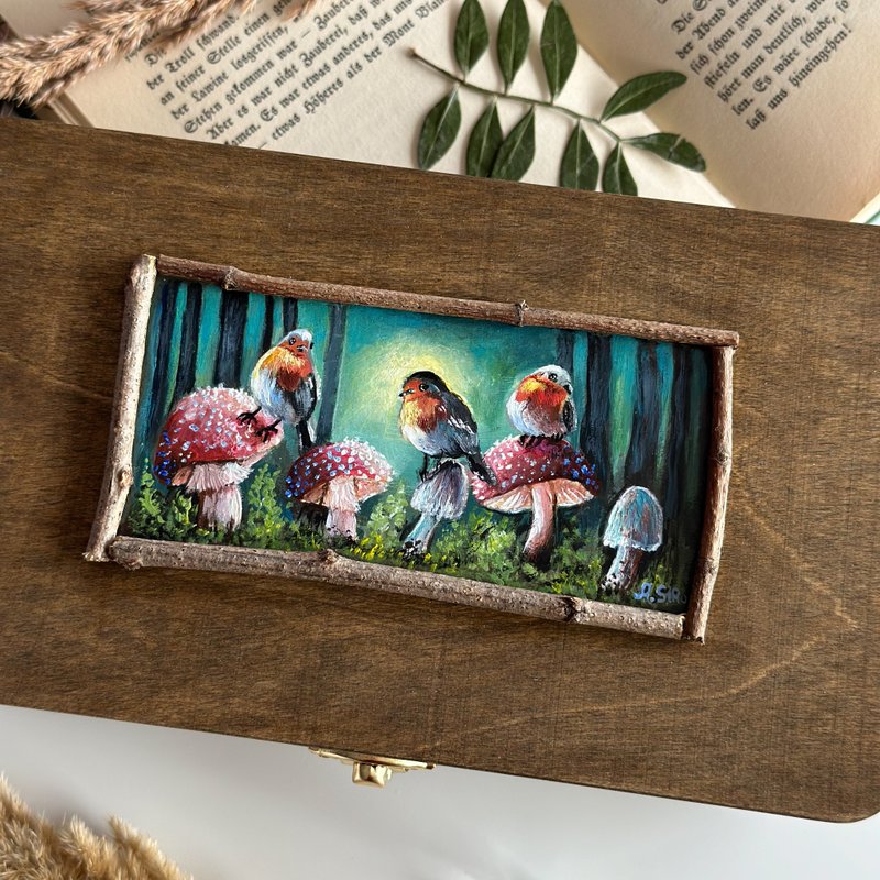 Hand-painted wooden box Birds and Mushrooms, Big storage wooden box, Forest art - Storage - Wood Brown