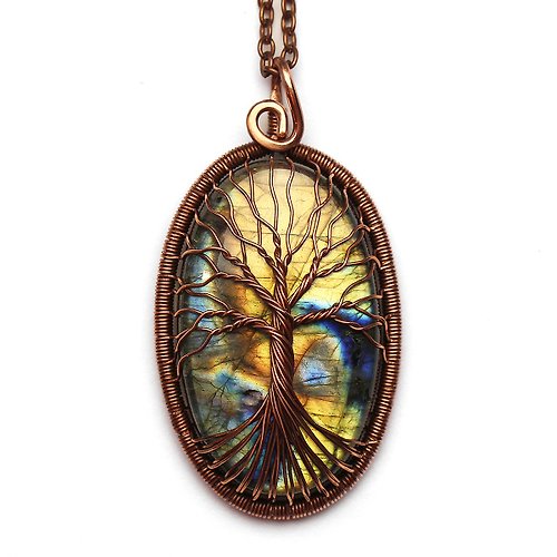 Good Luck Stones Natural Labradorite Necklace Tree Of Life Pendant Handmade Wire Wrapped Jewelry