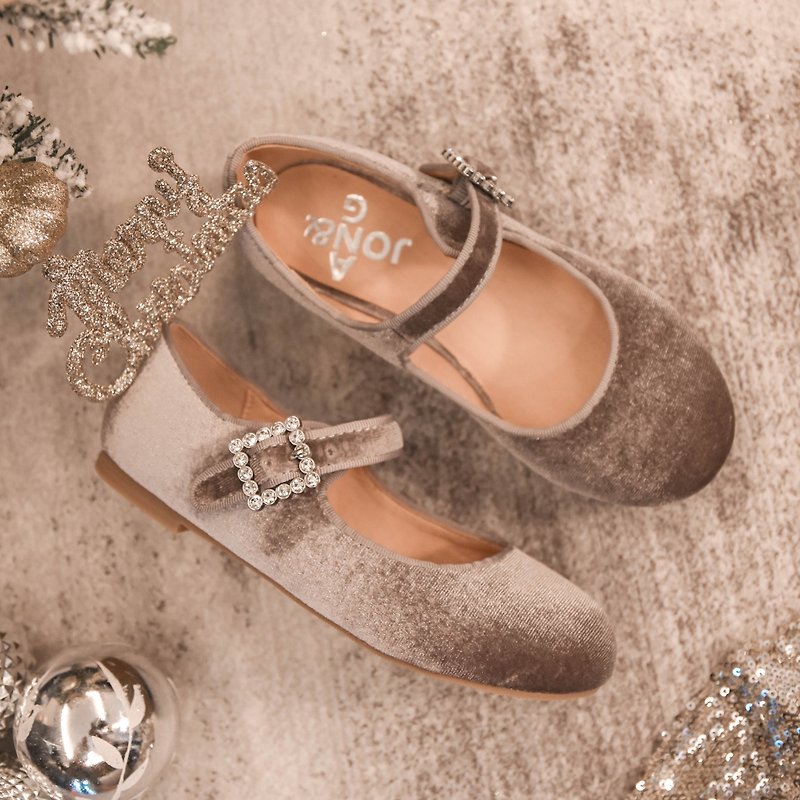 銀灰色女童瑪麗珍公主鞋甜美絨面閃亮鑽石裝飾秋冬新款軟底單鞋 - 童裝鞋 - 聚酯纖維 灰色