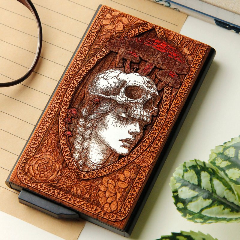 Skin to Bone -  Wooden card holder with laser engraving + hand painting - 名片夾/名片盒 - 木頭 咖啡色