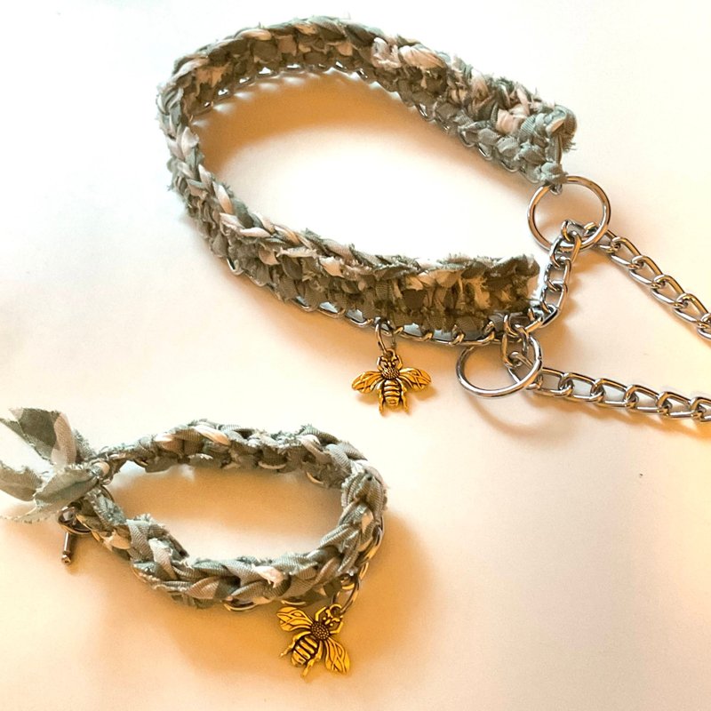 アップサイクル　ペットペア　dog collar & bracelet　グリーン Mサイズ - 項圈/牽繩 - 棉．麻 