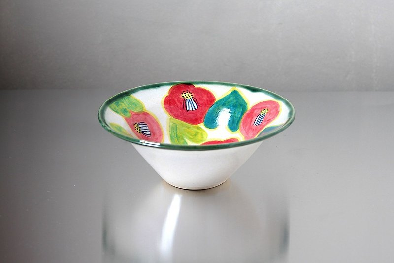 White glaze and camellia bowl - Pottery & Ceramics - Pottery Multicolor