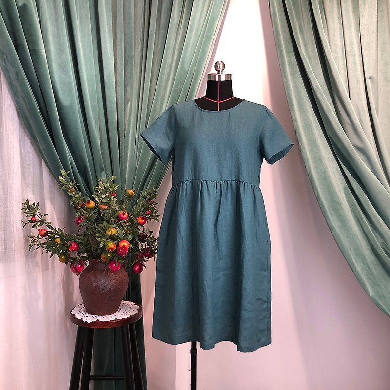 【女人節新品】藍綠色亞麻連身裙【CONTRAST卡偌詩】 - 洋裝/連身裙 - 棉．麻 綠色