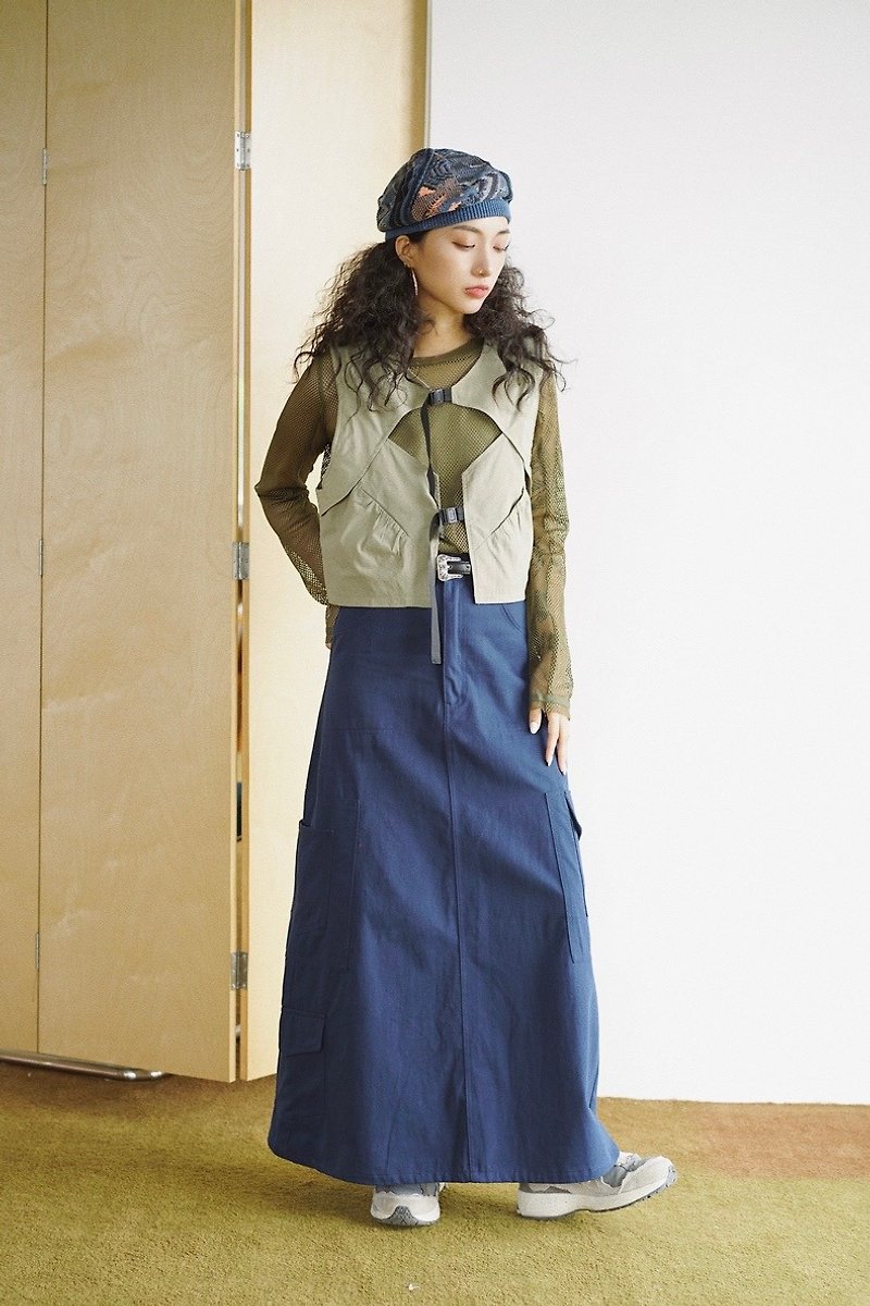 Coolstore | Light Retro Solid Color Floor Skirt Commuter Slim_ Dark Blue - Skirts - Other Materials Blue