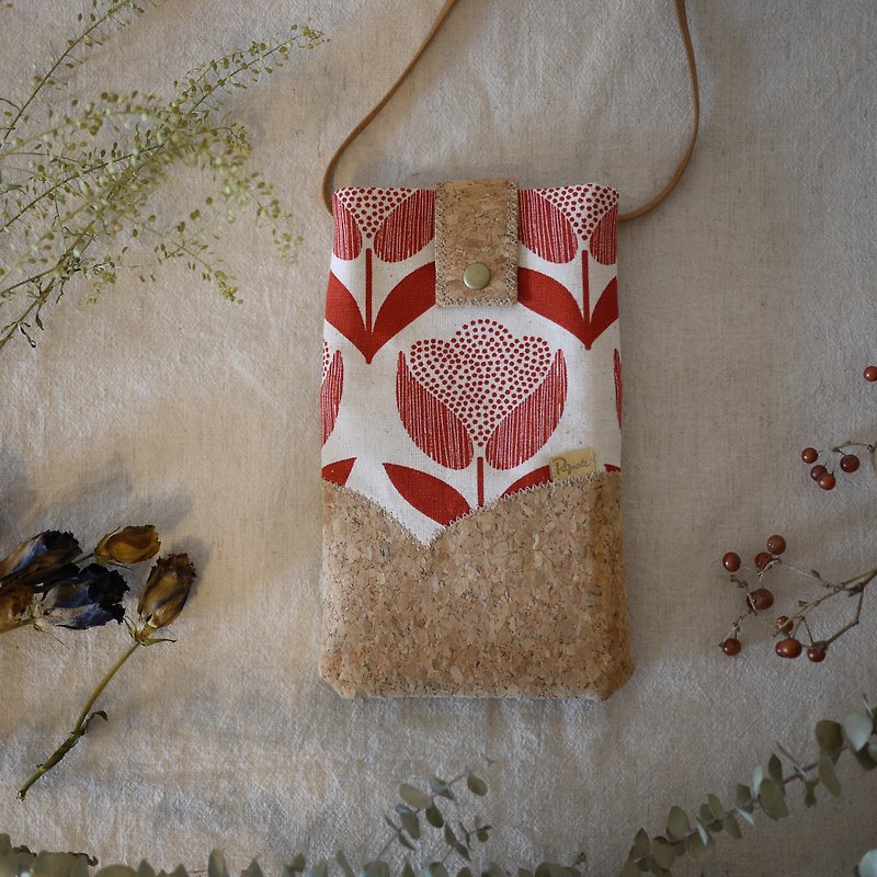 //cork. flowers. mobile phone bag. red// - Messenger Bags & Sling Bags - Cotton & Hemp Red