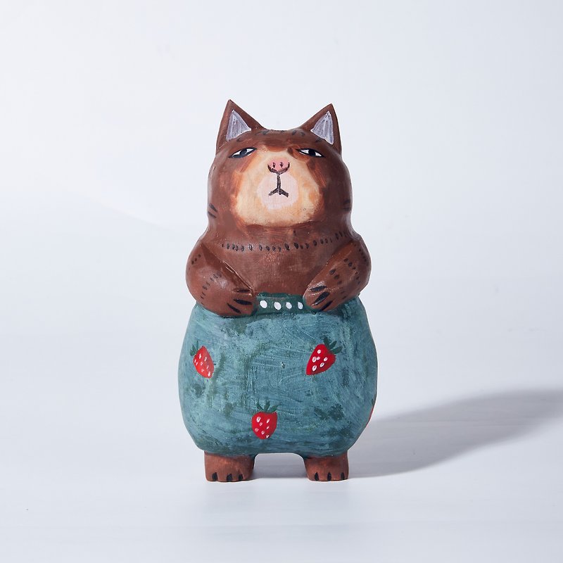 Toto Carved Wooden Cat in Strawberry Pants - Items for Display - Wood Brown