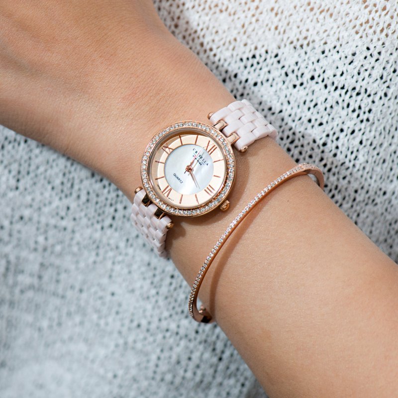 Elegant Ceramic Watch with Skinny Crystal Bangle Set - Women's Watches - Other Metals Multicolor
