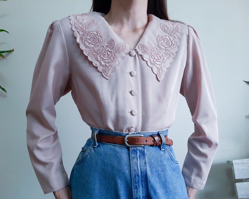 Vintage Pink Puff Sleeve Blouse Embroidered Collar Blouse Button up Top Size S - Women's Shirts - Polyester Pink