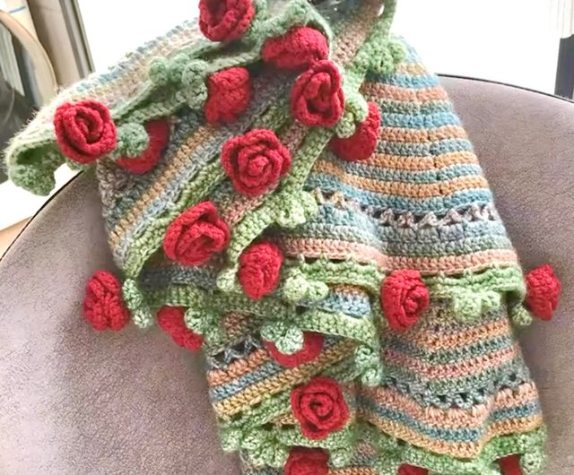 バラモチーフのブーケブランケット ハンドメイド 手編み 一点限定