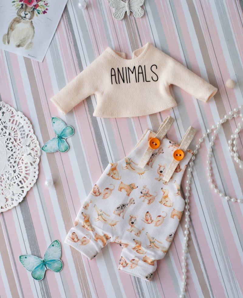 Jumpsuit and T-shirt for Blythe doll. Set. Attire. Doll clothes Outfit - 公仔/玩偶 - 棉．麻 咖啡色