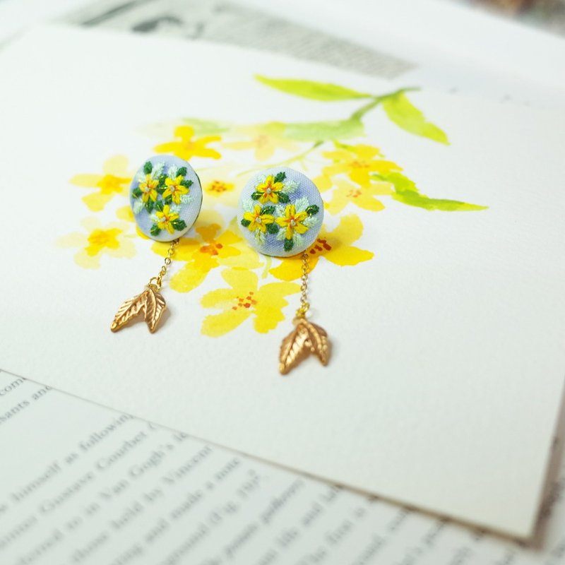 台灣特有種 黃花著生杜鵑 手刺繡貼耳耳環 耳夾/耳針 - 耳環/耳夾/耳骨夾 - 繡線 黃色