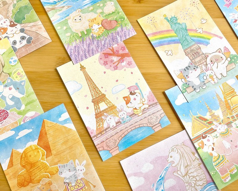 Secret Cat Travels Around the World Series Illustrated Postcards (13 styles in total) - การ์ด/โปสการ์ด - กระดาษ หลากหลายสี