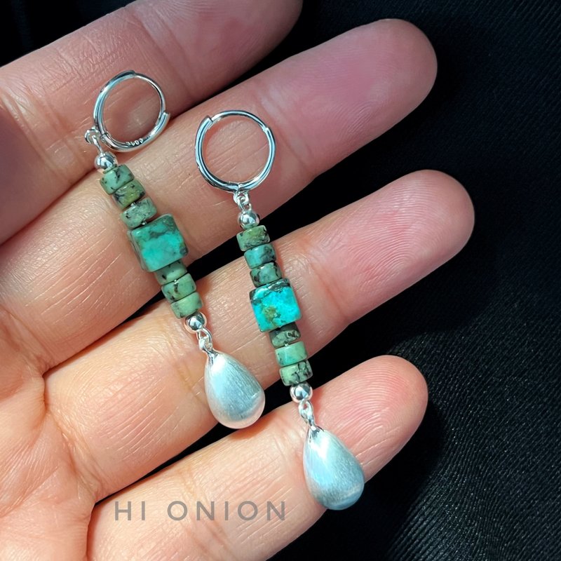 Hi onion原創小眾設計綠松石銀耳扣耳夾水滴長款新中式男女耳飾 - 耳環/耳夾/耳骨夾 - 玉石 