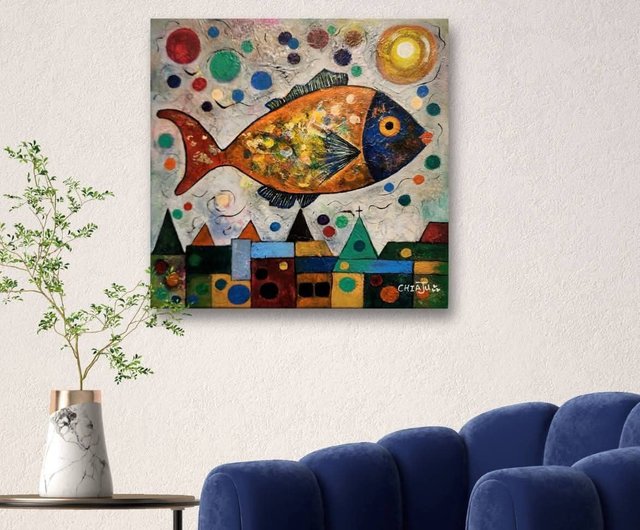 空から魚 おとぎ話 手描き CHIAJU 原画 カラフル 泡 屋根 夢