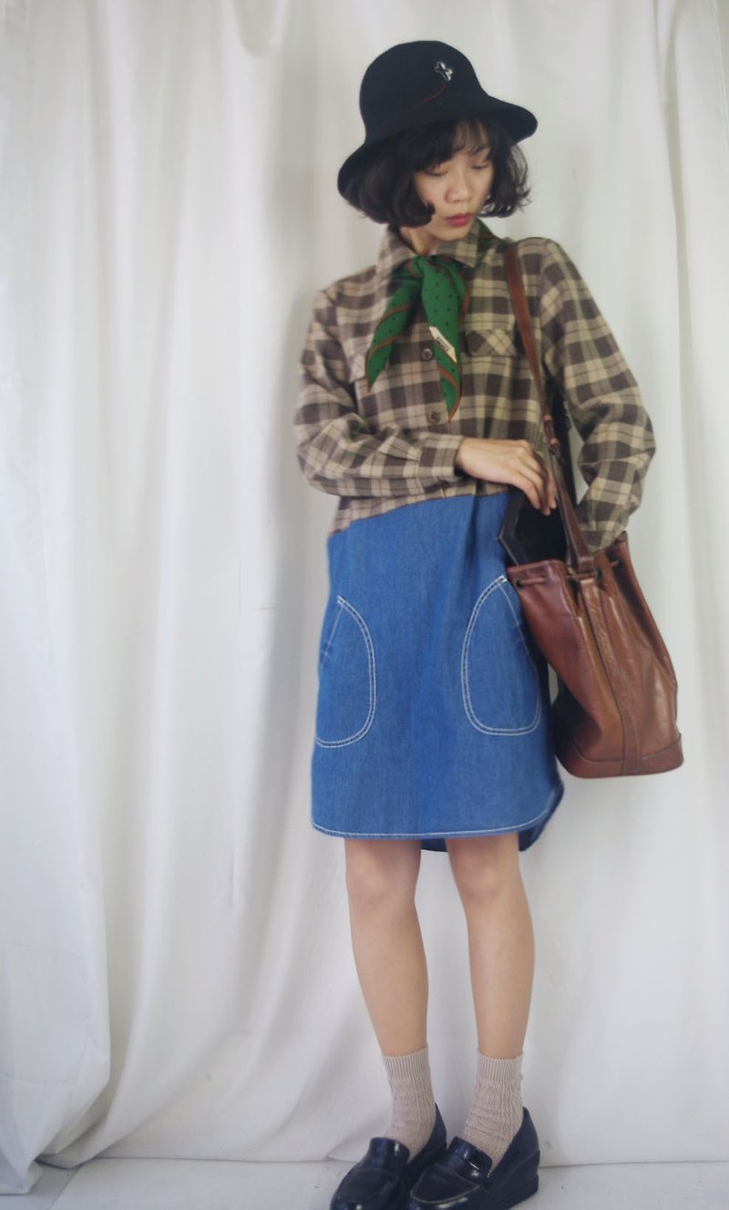[R;] style transformation of the old brown plaid denim stitching shirt dress - ชุดเดรส - ผ้าฝ้าย/ผ้าลินิน สีนำ้ตาล