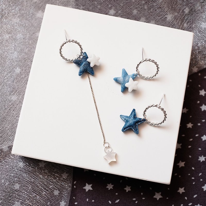Soft pottery earrings earrings starry night shining sparkle starry sky star gift - Earrings & Clip-ons - Clay Blue
