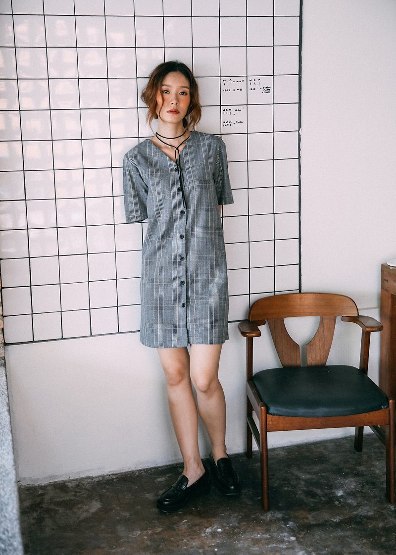 COOL GREY CHECK PLAID V NECK BUTTON FRONT DRESS - One Piece Dresses - Other Materials Gray