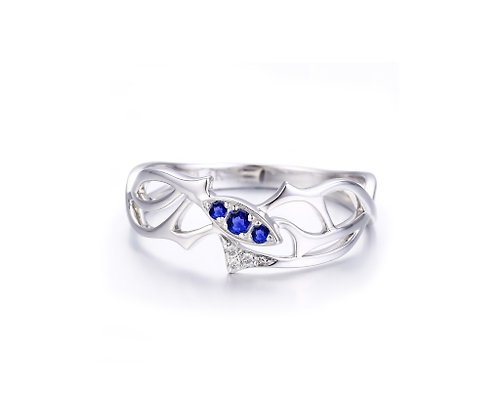 Majade Jewelry Design 藍寶石14k金鑽石馬眼形訂婚戒指 樹枝造型求婚鑽戒 荊棘結婚戒指