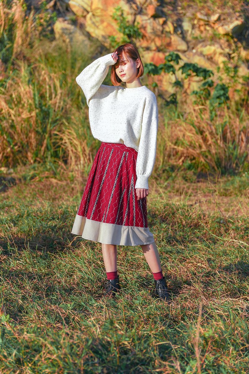 Color block geometric flannel skirt (burgundy) - Skirts - Cotton & Hemp 