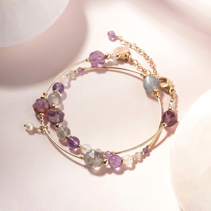Purple ghost labradorite amethyst moonstone 14K gold-filled double circle bracelet gift - สร้อยข้อมือ - คริสตัล สีม่วง