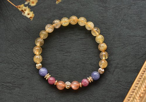 CaWaiiDaisy Handmade Jewelry 橘太陽石+丹泉石+桃紅碧璽+鈦晶鍍金水晶手鍊