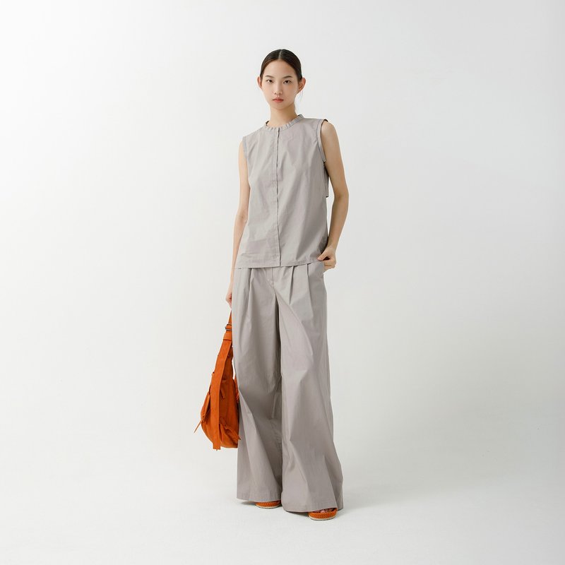 pleated floor length wide trousers - กางเกงขายาว - ผ้าฝ้าย/ผ้าลินิน สีเทา