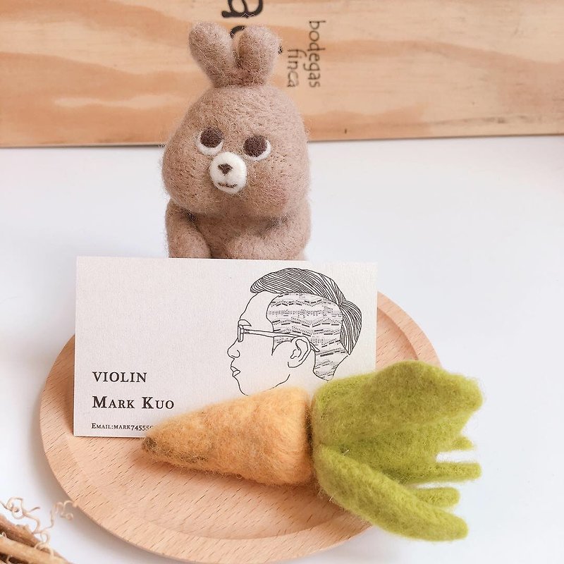 Baby Bunny and Big Carrot Wool Felt Business Card Holder - Card Stands - Wool Khaki
