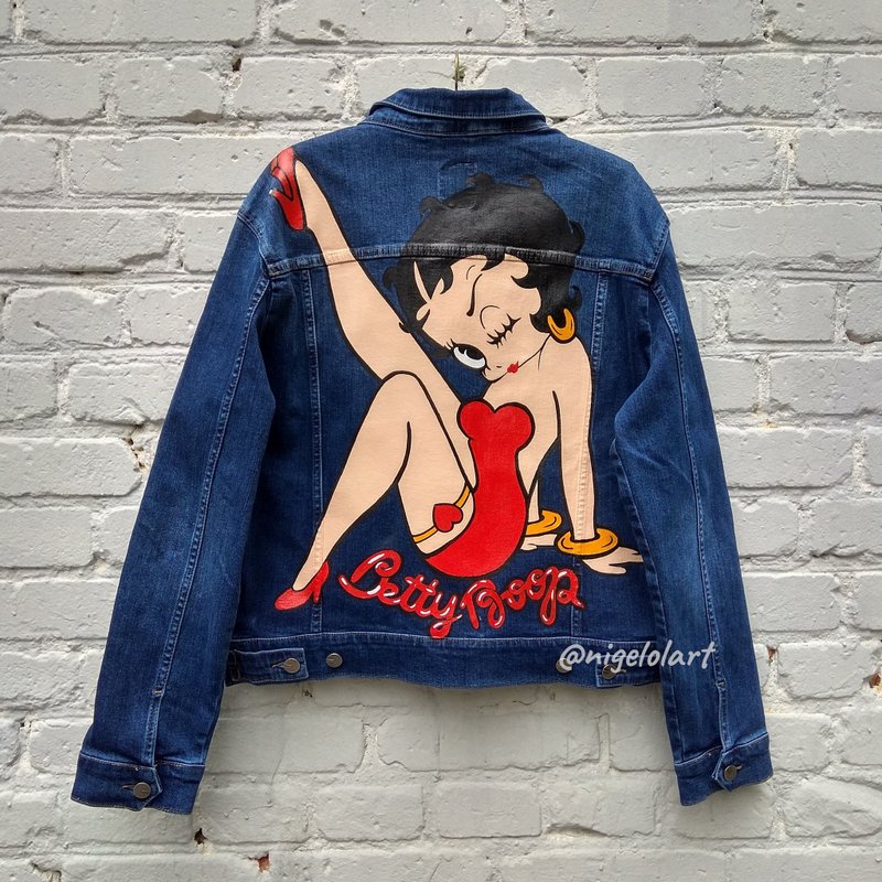 Painted Denim Jacket Handmade Custom jacket Betty Boop Gift - Women's Casual & Functional Jackets - Cotton & Hemp Multicolor