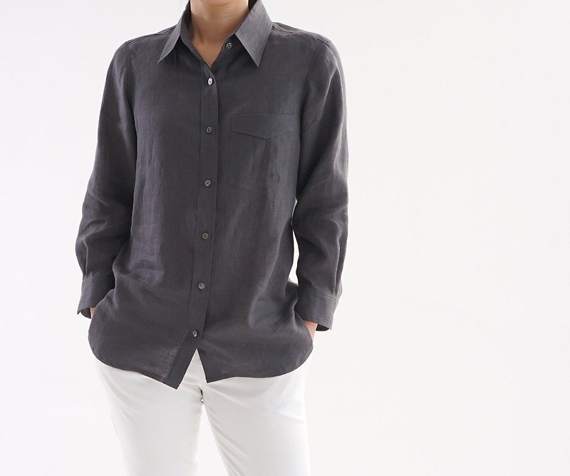 リトアニアリネン 本格 premium シャツ/インクブラック t032b-ibk1 - 女襯衫 - 棉．麻 灰色