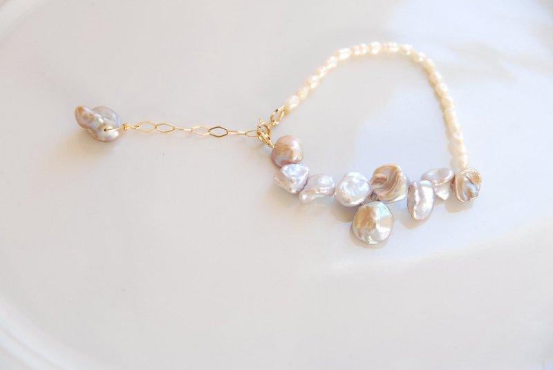 灰色្ន鶘珍珠與米珠手鍊 14KGF - 手鍊/手環 - 珍珠 銀色