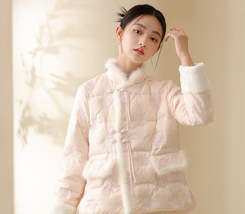 初蟬 中國風 立領刺繡茶服 白鴨絨保暖羽絨服