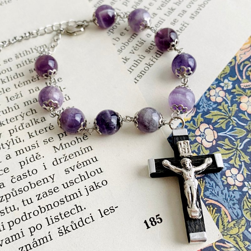 Phantom Amethyst and Wooden Rosary Bracelet - สร้อยข้อมือ - เครื่องประดับพลอย สีม่วง