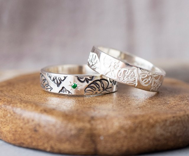 ハンドメイド リング 叩いて作るモンステラ模様｜925ハンドメイド幅広リング シルバー