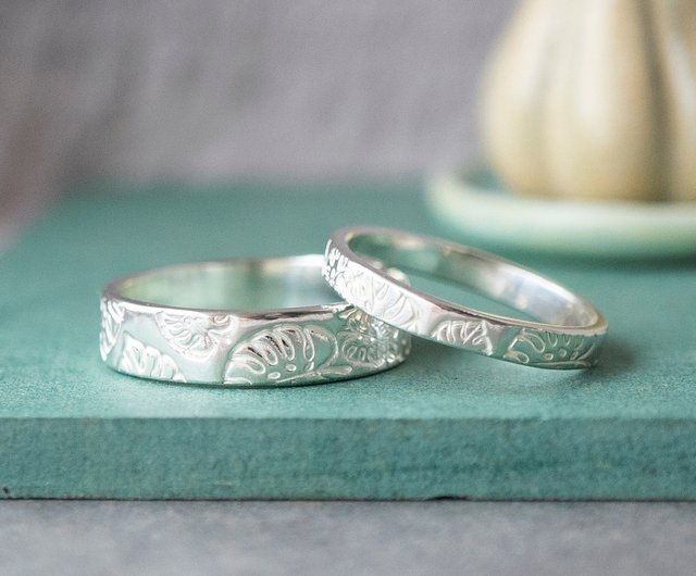 ハンドメイド リング 叩いて作るモンステラ模様｜925ハンドメイド幅広リング シルバー