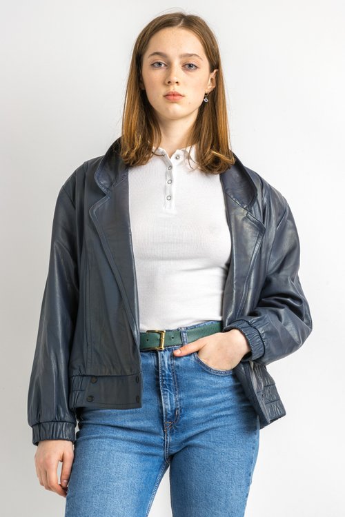 MoodShopGirls Leather Moto Bomber Jacket Women Vintage 80s Bomber Biker Jacket Blue 5866