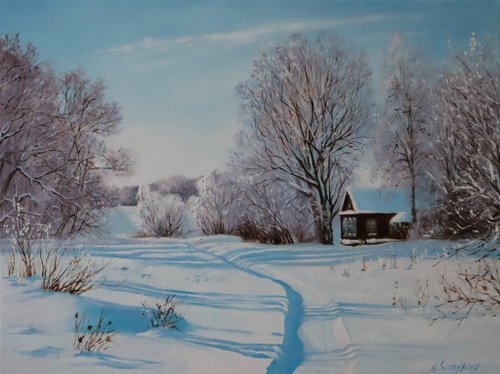 GalleryPaintingsArt Original Winter Rural Oil Painting, Farmhouse Snowy Landscape